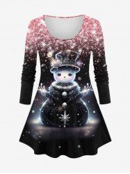 T-shirt Brillant 3D Bonhomme de Neige de Noël et Flocon de Neige Imprimé de Grande Taille à Paillettes - Rose clair 3X
