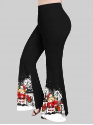 Plus Size Christmas Santa Clause Bear Bowknot Street Lamp Snowflake Print Flare Pants -  
