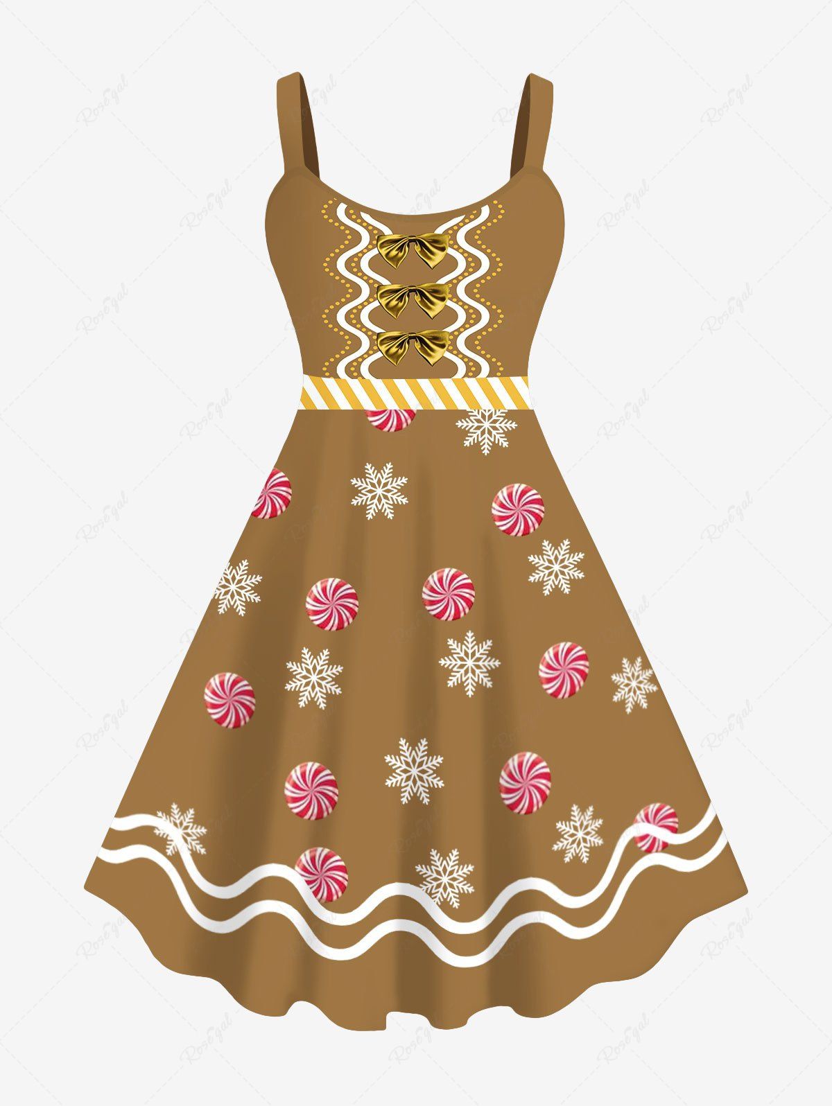 Unique Plus Size Christmas Gingerbread Snowflake Candy Ribbon Bowknot 3D Print Tank Dress  
