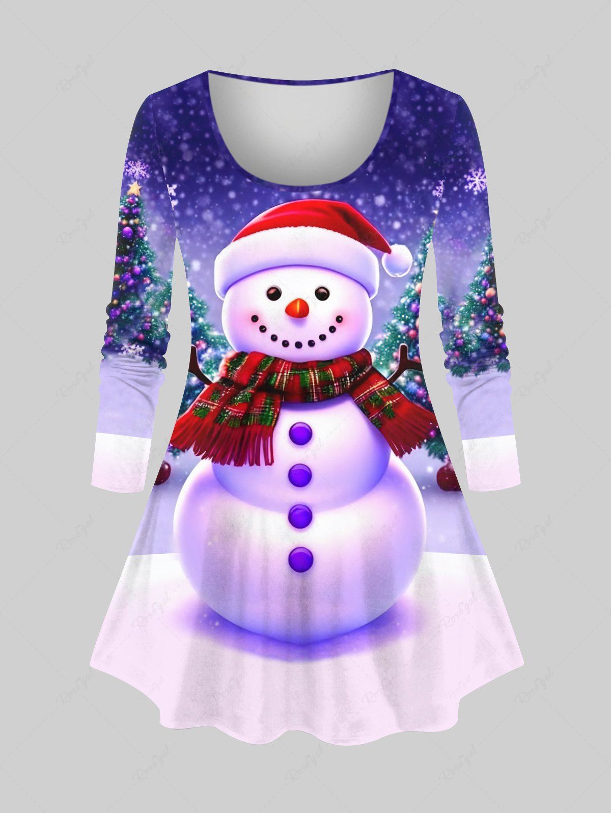 Plus Size Christmas Tree Ball Snowman Snowflake Colorblock Print Long Sleeve T-shirt Pourpre  4X