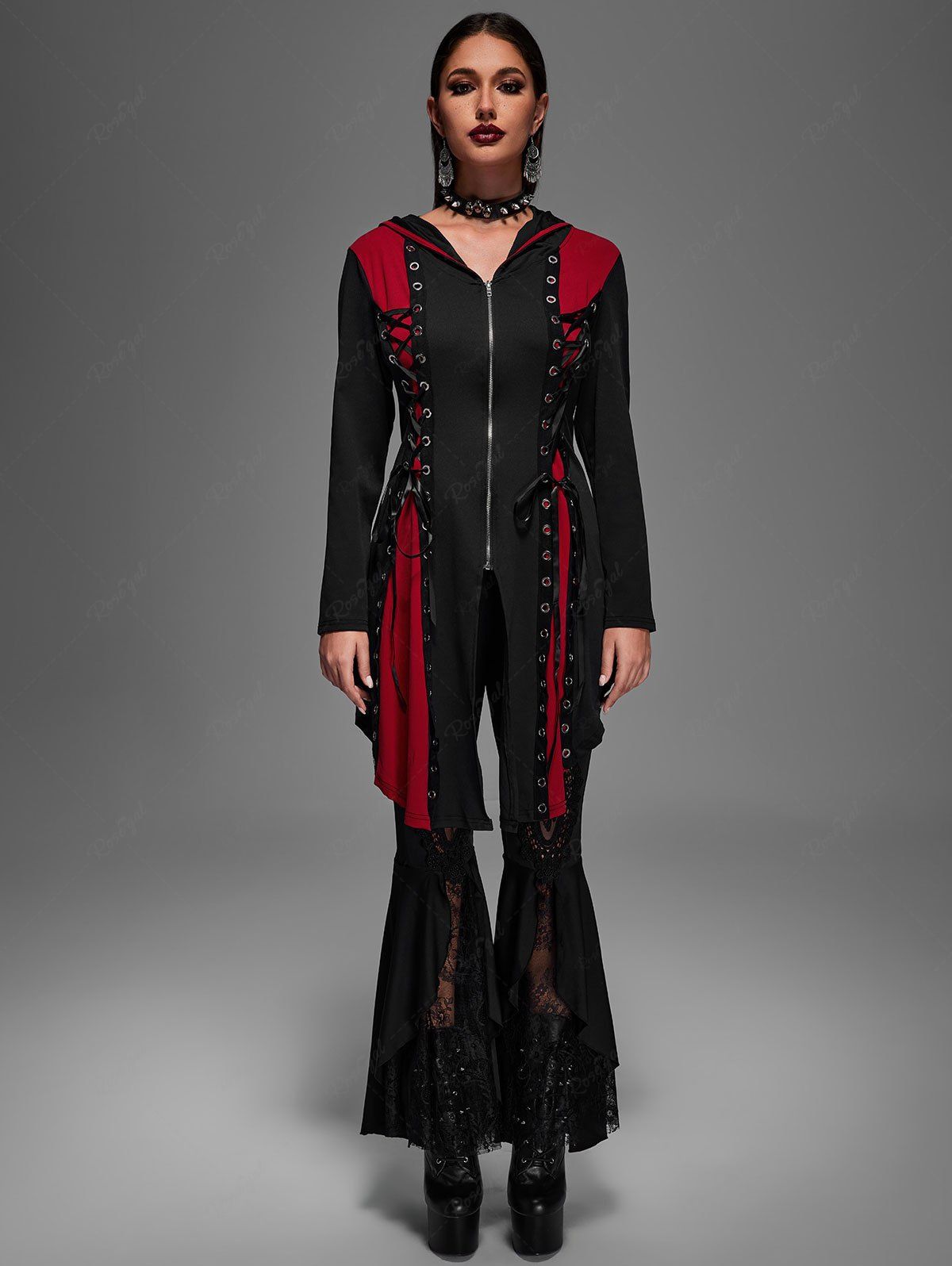 Online Hooded Lace Up Grommets Colorblock Gothic Coat  