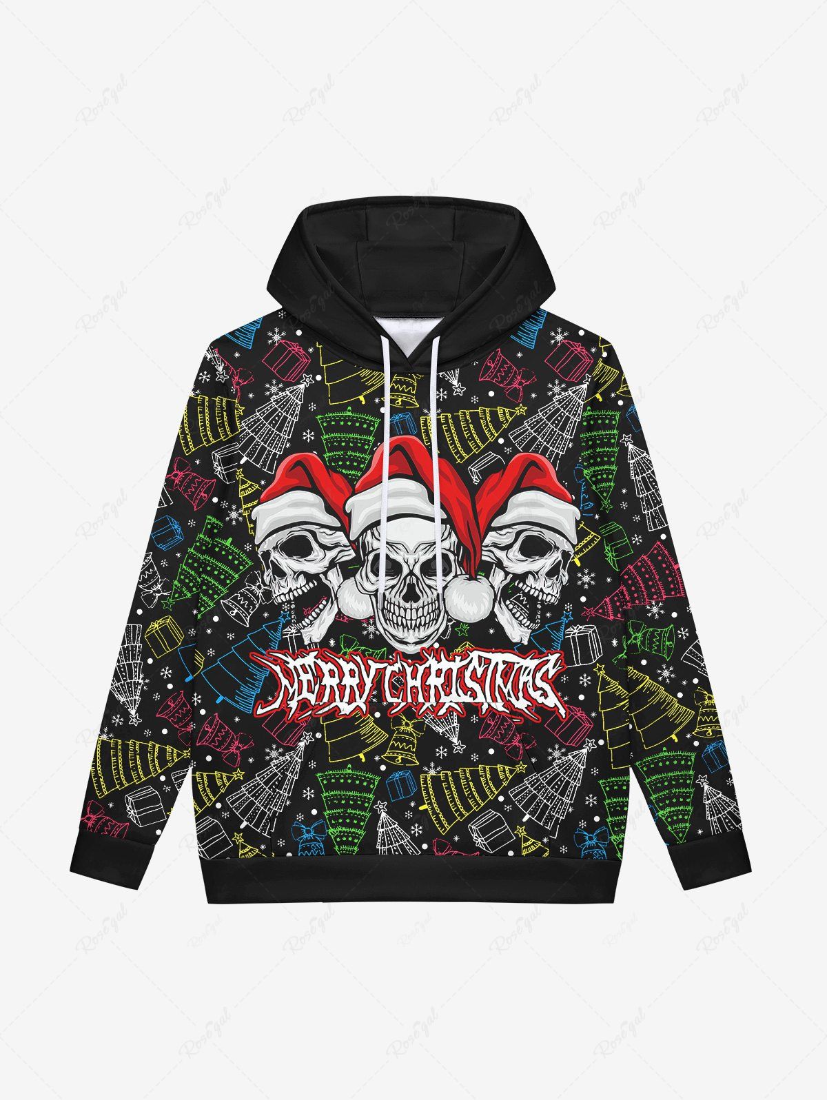 Hot Gothic Christmas Hat Tree Bells Skulls Print Fleece Lining Drawstring Hoodie For Men  