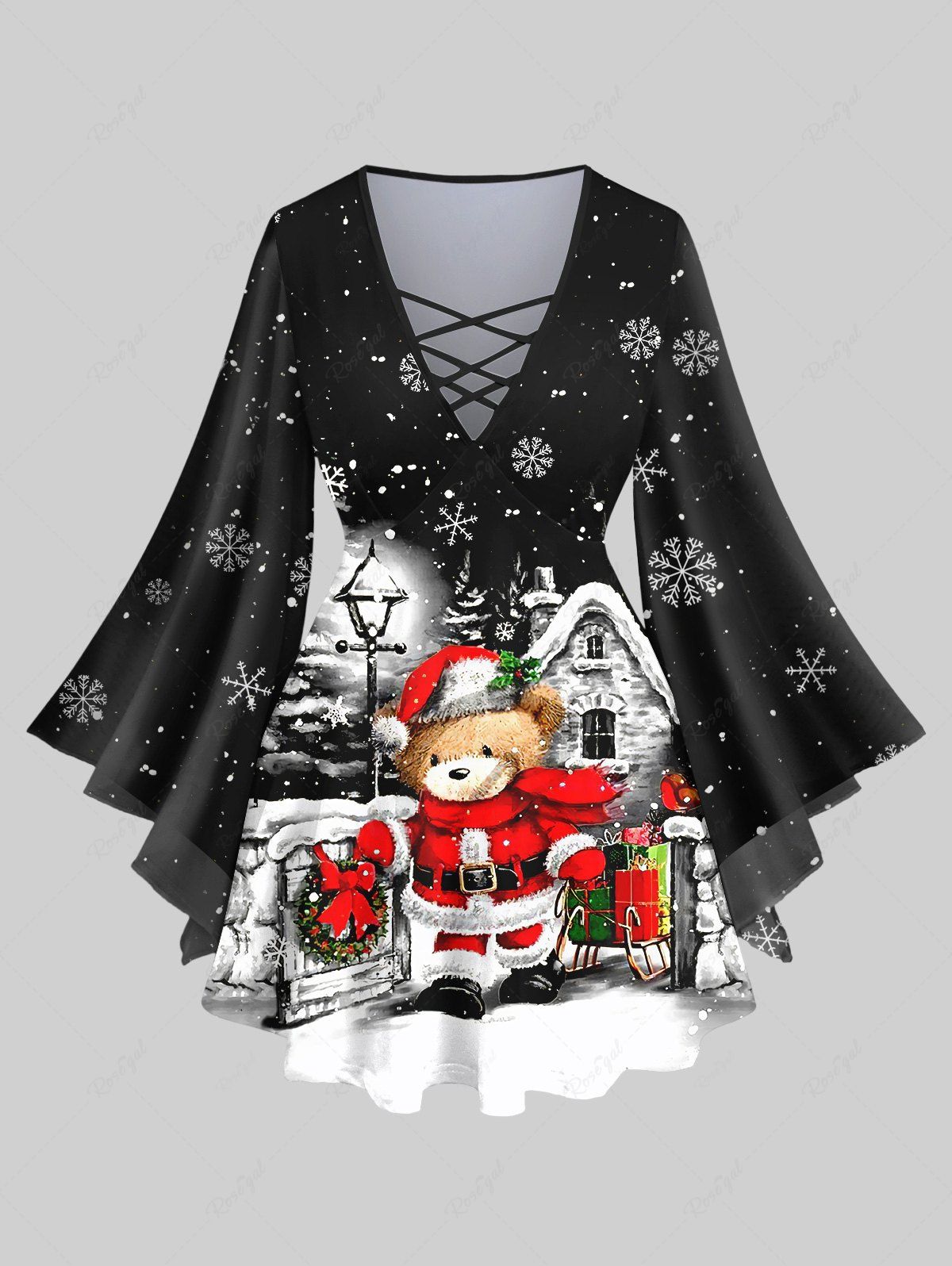 Chic Plus Size Christmas Snowflake Street Lamp Santa Clause Bear Print Lattice Crisscross Flare Sleeve T-shirt  