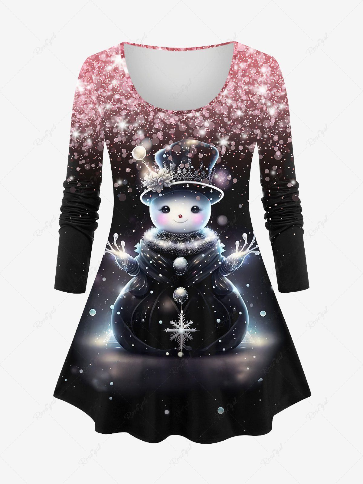 Plus Size Christmas Snowflake Snowman Sparkling Sequin Glitter 3D Print T-shirt Rose clair M