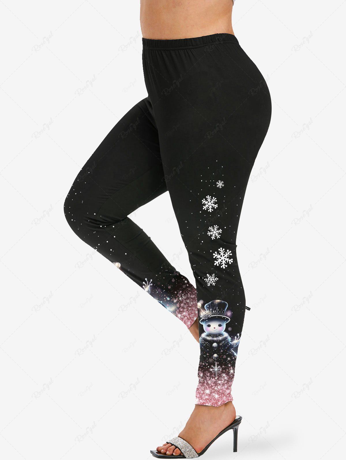 Legging de Noël Brillant 3D Bonhomme de Neige et Flocon de Neige Imprimé de Grande Taille à Paillettes Rose clair S