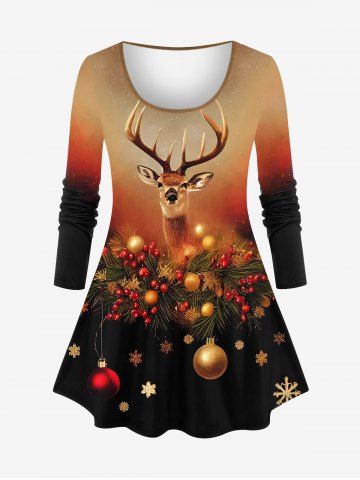 Plus Size Christmas Wreath Ball Elk Snowflake Sparkling Sequin Glitter 3D Print T-shirt - BLACK - 5X