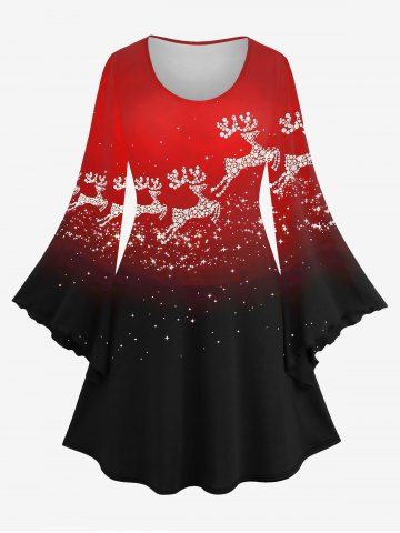 Plus Size Glitter Sparkling Elk Galaxy Print Flare Sleeves Ombre A Line Christmas Dress - RED - 1X
