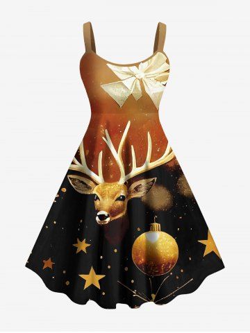 Plus Size Christmas Ball Elk Bowknot Star Galaxy Print Ombre A Line Tank Dress - COFFEE - L