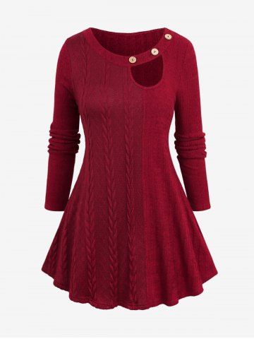 Plus Size Mock Buttons Cutout Panel Cable Knit Long Sleeves Pullover Sweater - DEEP RED - M | US 10