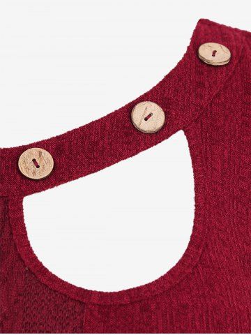 Plus Size Mock Buttons Cutout Panel Cable Knit Long Sleeves Pullover Sweater