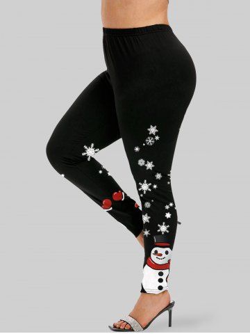 Plus Size Snowflake Snowman Side Print Skinny Christmas Leggings - BLACK - M
