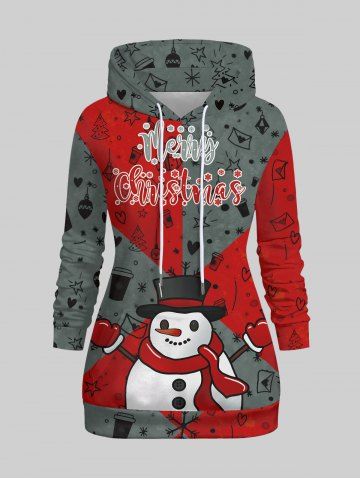 Plus Size Snowman Christmas Tree Heart Coffee Letters Snowflake Stars Print Pocket Drawstring Pullover Hoodie - RED - M