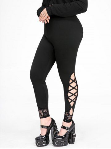 Plus Size Crisscross Cutout Lace Panel Leggings - BLACK - L | US 12