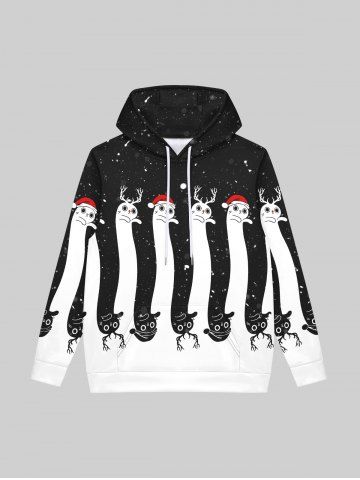 Gothic Christmas Elk Snowman Snowflake Colorblock Print Fleece Lining Pockets Drawstring Hoodie For Men - BLACK - 5XL