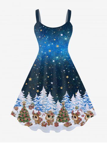 Plus Size Glitter Sparkling Galaxy Stars Christmas Tree Squirrel Gift Box Print A Line Tank Dress