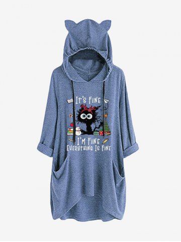 Plus Size Christmas Tree Snowman Cat Candy Books Letters Print Pockets Drawstring Oversized Cat Ears Hoodie - BLUE - XL