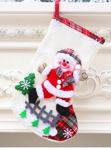 Santa Clause Snowflake Tree Plaid Patchwork Christmas Stocking - WHITE