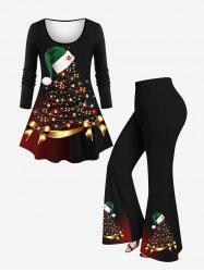 Christmas Hat Tree Ribbons Bowknot Light Stars Glitter Sequins 3D Printed T-shirt and Flare Pants Plus Size Matching Set -  