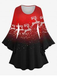 Robe de Noël Ligne A Ombrée Galaxie Brillante Imprimée de Grande Taille à Manches Evasées - Rouge 3X