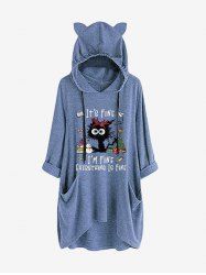 Plus Size Christmas Tree Snowman Cat Candy Books Letters Print Pockets Drawstring Oversized Cat Ears Hoodie -  