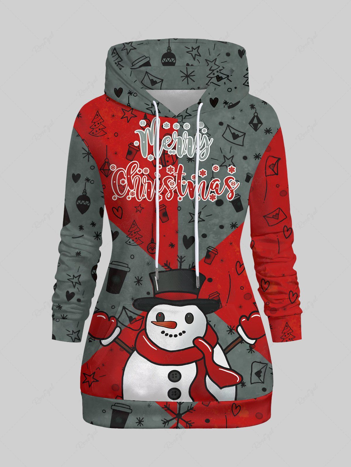 Shop Plus Size Snowman Christmas Tree Heart Coffee Letters Snowflake Stars Print Pocket Drawstring Pullover Hoodie  
