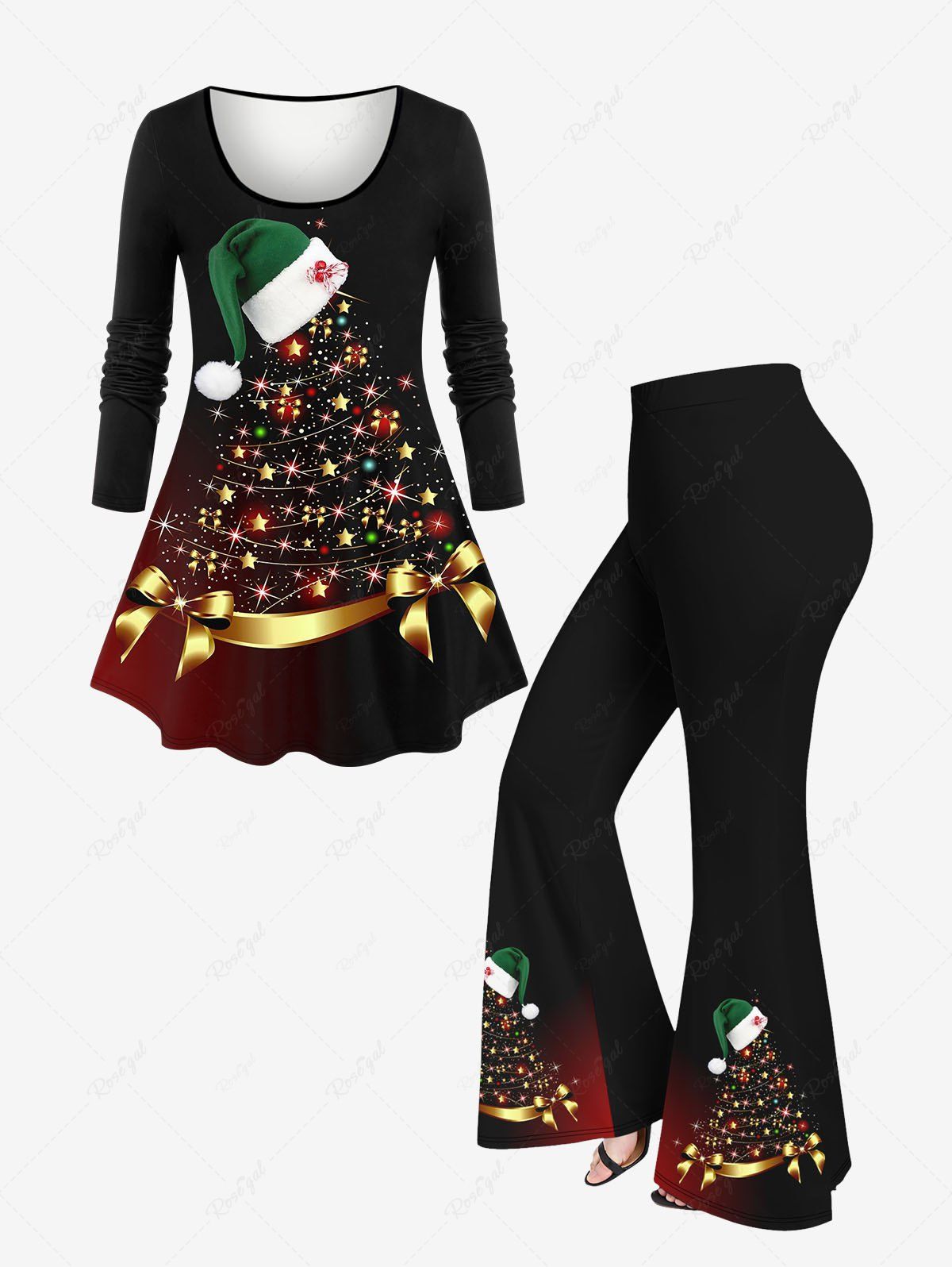 Best Christmas Hat Tree Ribbons Bowknot Light Stars Glitter Sequins 3D Printed T-shirt and Flare Pants Plus Size Matching Set  