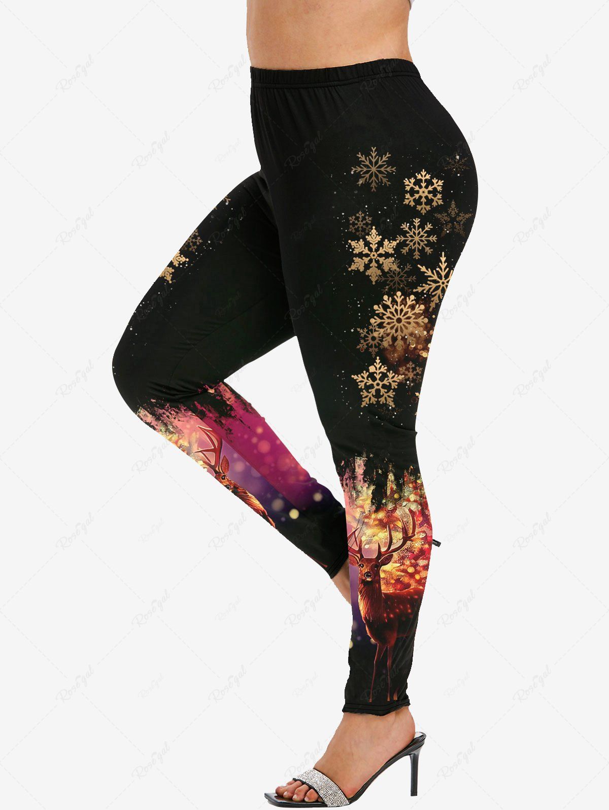 Chic Plus Size Christmas Snowflake Elk Sparkling Sequin Glitter 3D Print Leggings  