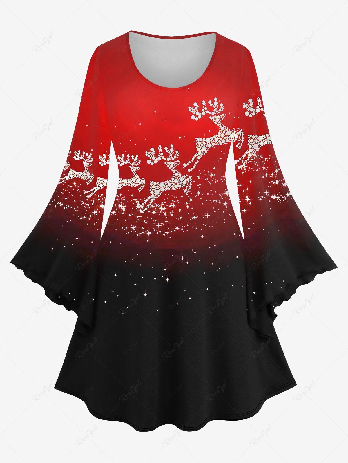 Unique Plus Size Glitter Sparkling Elk Galaxy Print Flare Sleeves Ombre A Line Christmas Dress  