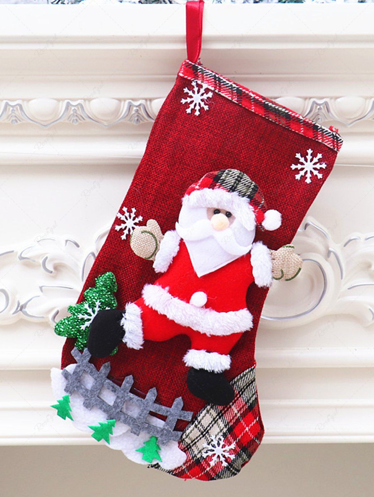 Trendy Santa Clause Snowflake Tree Plaid Patchwork Christmas Stocking  