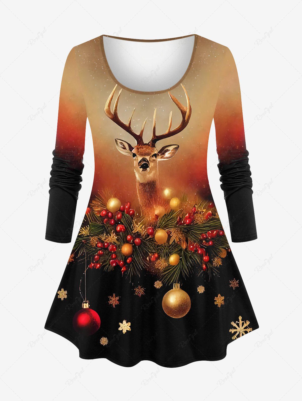 T-shirt Brillant 3D Boule de Noël Flocon de Neige et Paillettes Imprimés de Grande Taille Noir 3X