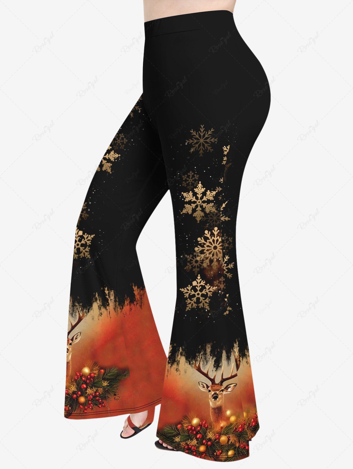 Outfits Plus Size Christmas Tree Ball Snowflake Elk Sparkling Sequin Glitter 3D Print Flare Pants  