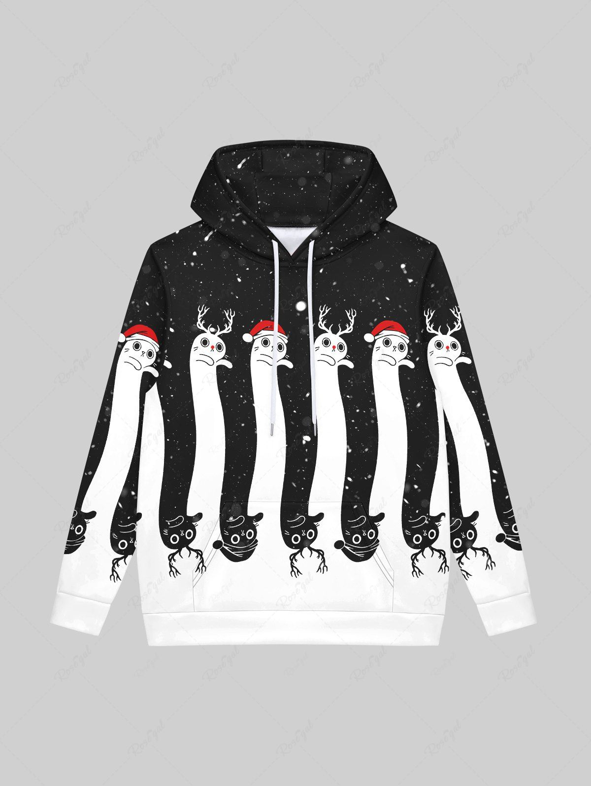 Fashion Gothic Christmas Elk Snowman Snowflake Colorblock Print Fleece Lining Pockets Drawstring Hoodie For Men  