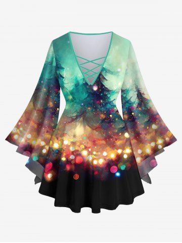 Plus Size Christmas Tree Light Sparkling Sequin Glitter 3D Print Lattice Crisscross Flare Sleeve T-shirt - MULTI-A - L