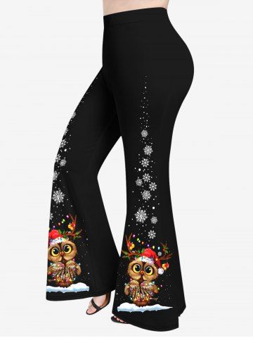 Plus Size Colorful Christmas Light Hat Owl Snowflake Print Pull On Flare Pants - BLACK - 1X