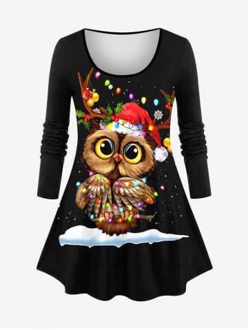 Plus Size Christmas Hat Light Owl Snow Print Long Sleeves T-shirt
