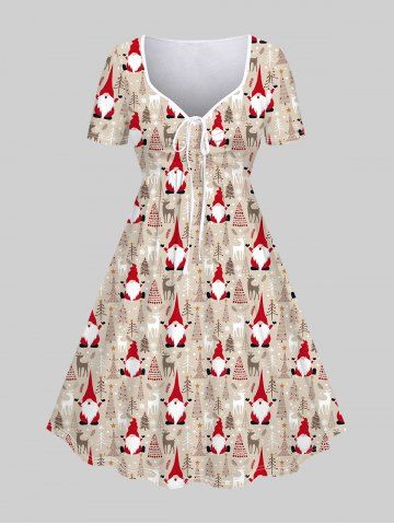 Plus Size Christmas Tree Santa Claus Elk Snowflake Stars Print Cinched A Line Dress - LIGHT COFFEE - 5X