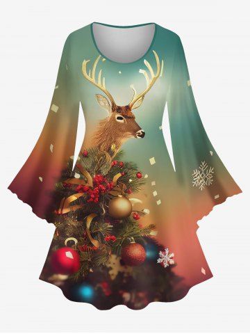 Plus Size Christmas Tree Ball Elk Snowflake Print Flare Sleeves Ombre A Line Dress