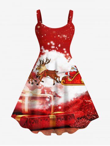 Plus Size Christmas Gift Elk Santa Clause Sled Snowflake Print Tank Dress - RED - XS