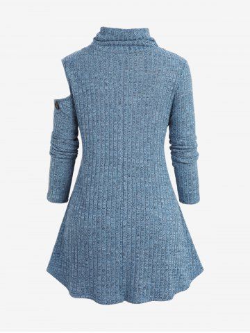 Plus Size Mock Button Cold Shoulder Cowl Neck Ribbed Pullover Long Sleeves Marled Knit Sweater