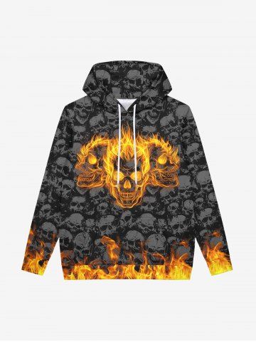 Gothic Flame Skulls Print Fleece Lining Drawstring Hoodie For Men - BLACK - M