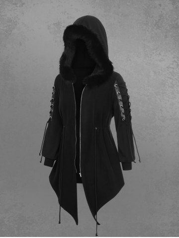 Gothic Fluffy Fur Trim Full Zipper Lace Up Drawstring Asymmetric Hooded Long Sleeve Coat - BLACK - 1X | US 14-16