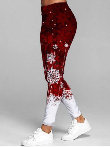 Legging Long Imprimé Flocon de Neige Noël à Taille Élastique - RED - L | US 8