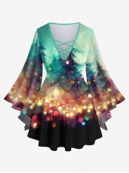 Plus Size Christmas Tree Light Sparkling Sequin Glitter 3D Print Lattice Crisscross Flare Sleeve T-shirt - Multi-A S