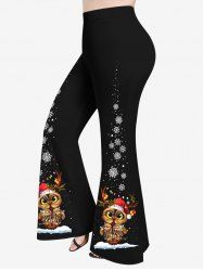 Plus Size Colorful Christmas Light Hat Owl Snowflake Print Pull On Flare Pants - Noir XS