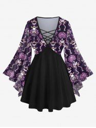 Gothic Skulls Skeleton Vintage Floral Graphic Print Lattice Patchwork Flare Sleeves Blouse -  