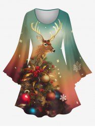 Plus Size Christmas Tree Ball Elk Snowflake Print Flare Sleeves Ombre A Line Dress -  
