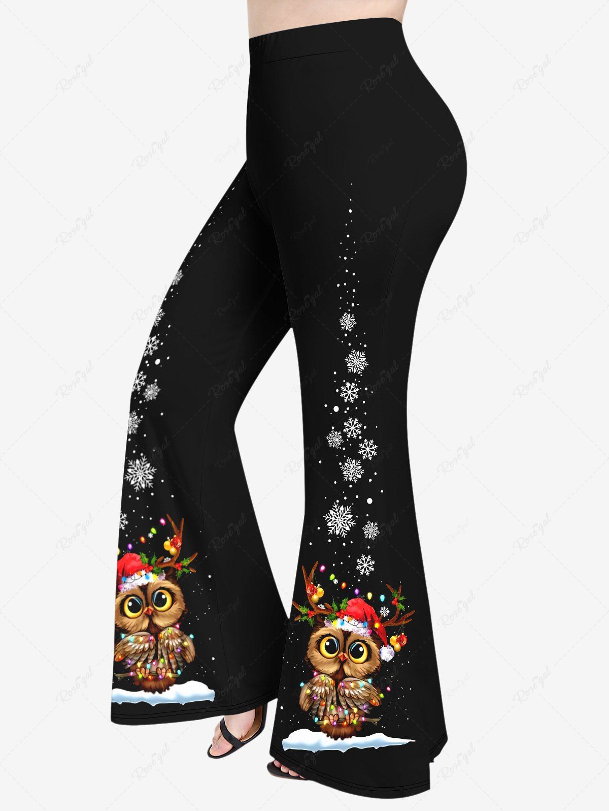 Affordable Plus Size Colorful Christmas Light Hat Owl Snowflake Print Pull On Flare Pants  