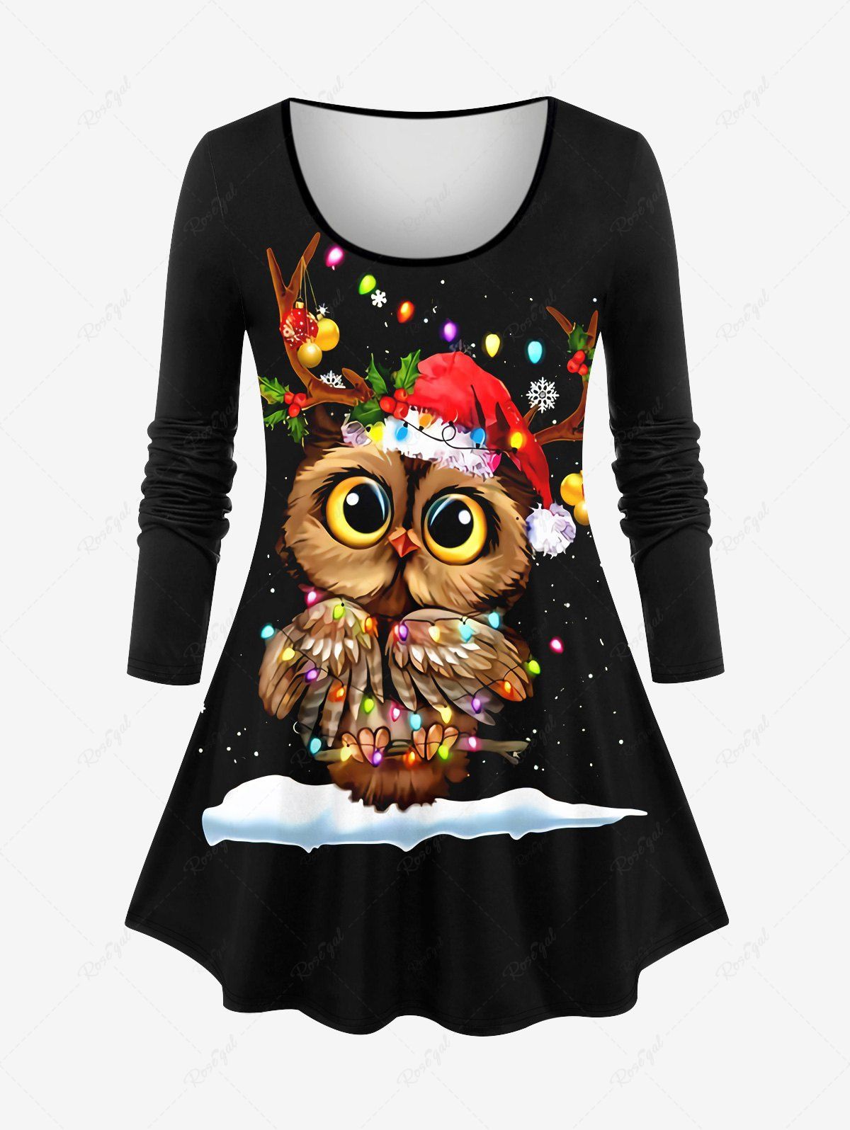 Affordable Plus Size Christmas Hat Light Owl Snow Print Long Sleeves T-shirt  