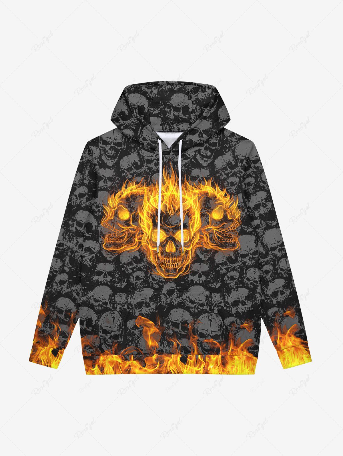 Shops Gothic Flame Skulls Print Fleece Lining Drawstring Hoodie For Men  