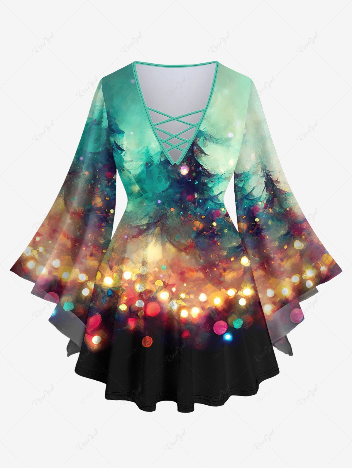 Store Plus Size Christmas Tree Light Sparkling Sequin Glitter 3D Print Lattice Crisscross Flare Sleeve T-shirt  